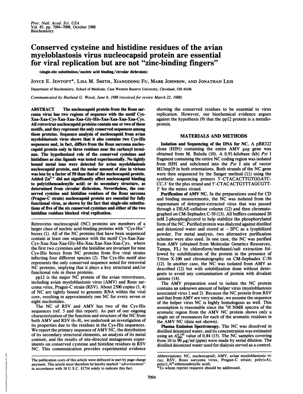 Conserved Cysteine and Histidine Residues of the Avian