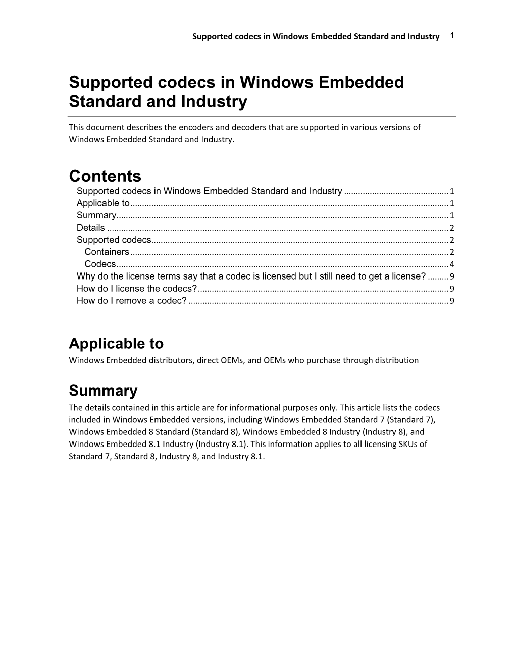 Supported Codecs in Windows Embedded Standard and Industry 1