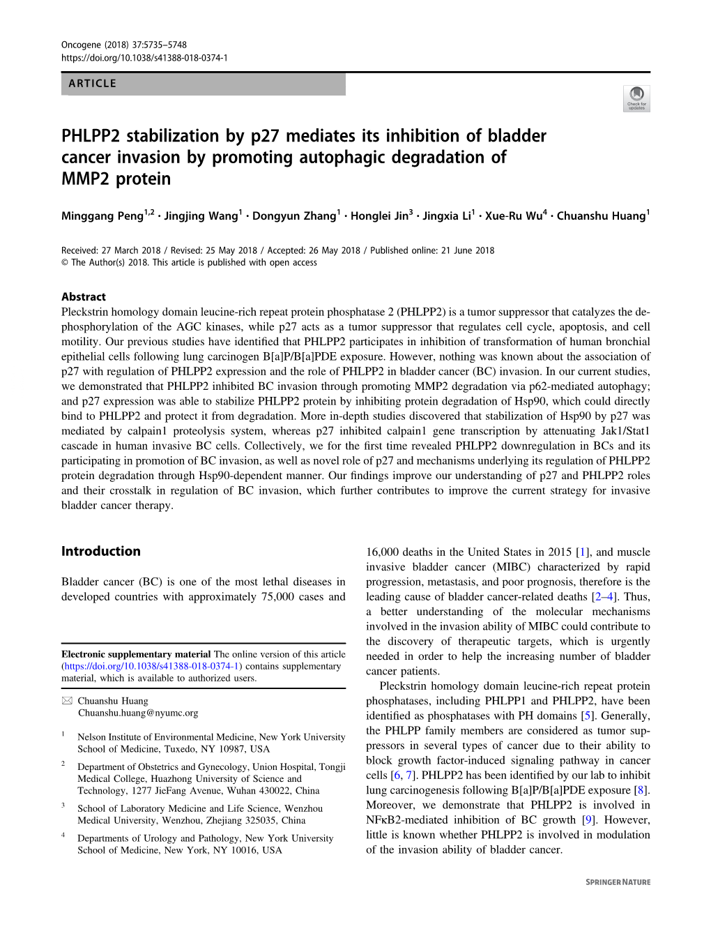 PHLPP2 Stabilization by P27 Mediates Its Inhibition of Bladder Cancer Invasion by Promoting Autophagic Degradation of MMP2 Protein