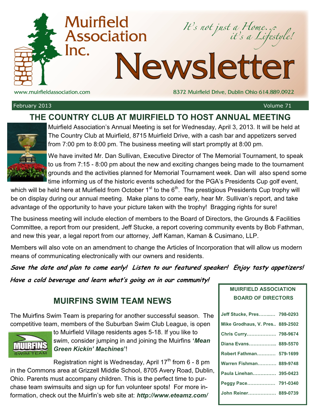 THE COUNTRY CLUB at MUIRFIELD to HOST ANNUAL MEETING Muirfield Association’S Annual Meeting Is Set for Wednesday, April 3, 2013