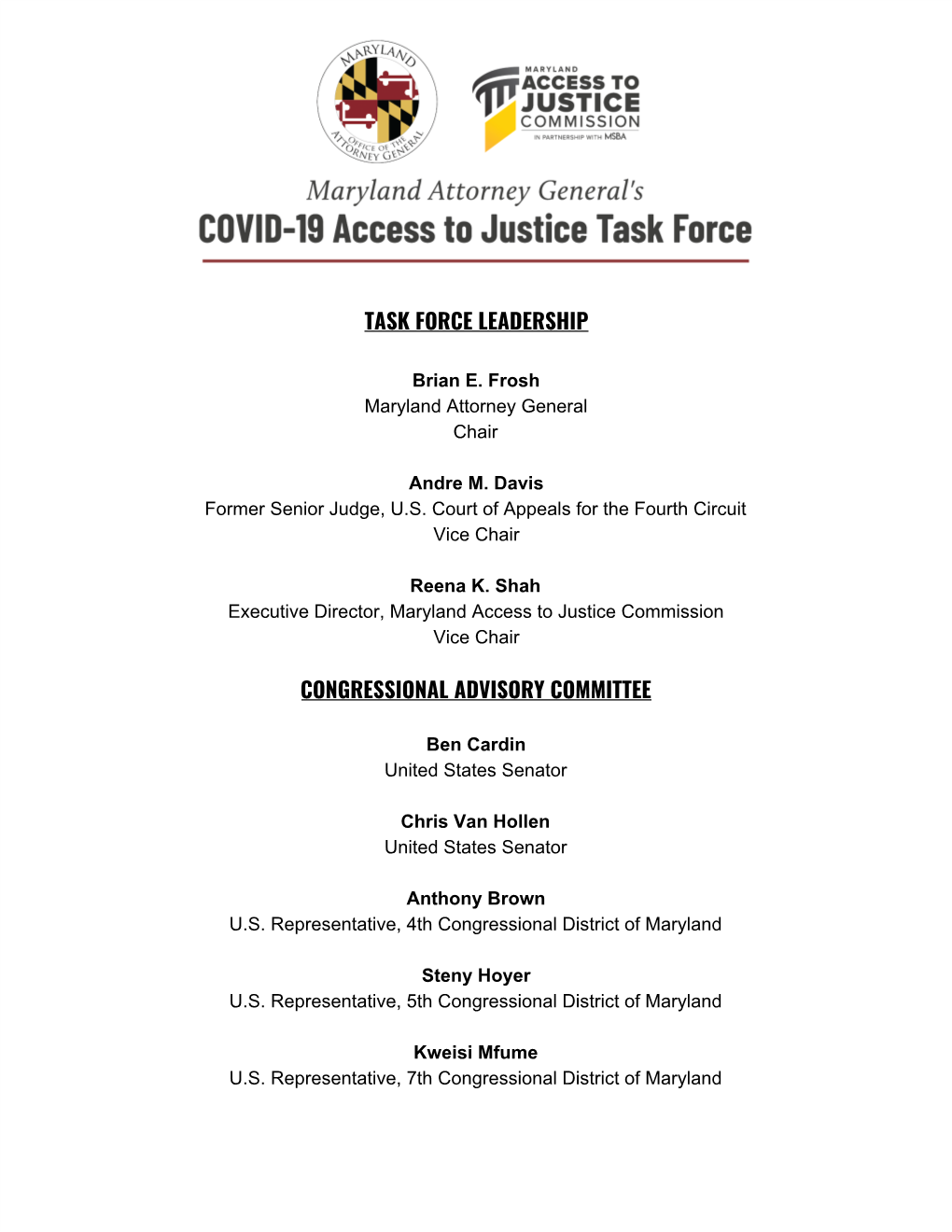 Task Force Leadership Congressional Advisory Committee