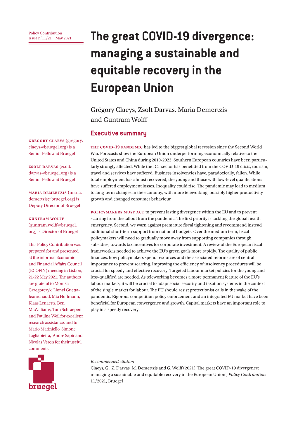 The Great COVID-19 Divergence: Managing a Sustainable and Equitable Recovery in the European Union