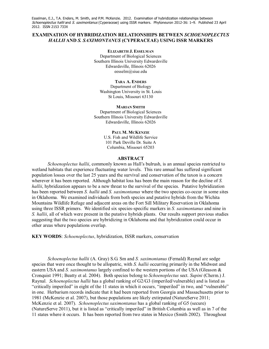 Examination of Hybridization Relationships Between Schoenoplectus Hallii and S. Saximontanus (Cyperaceae) Using ISSR Markers