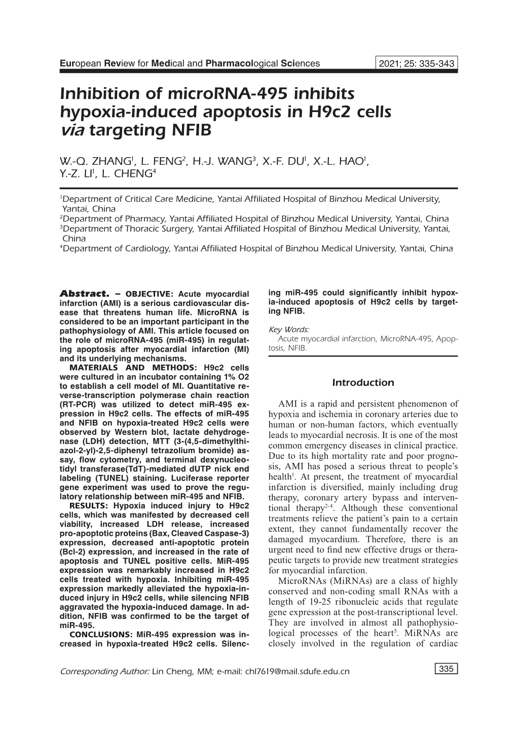 Inhibition of Microrna-495 Inhibits Hypoxia-Induced Apoptosis in H9c2 Cells Via Targeting NFIB