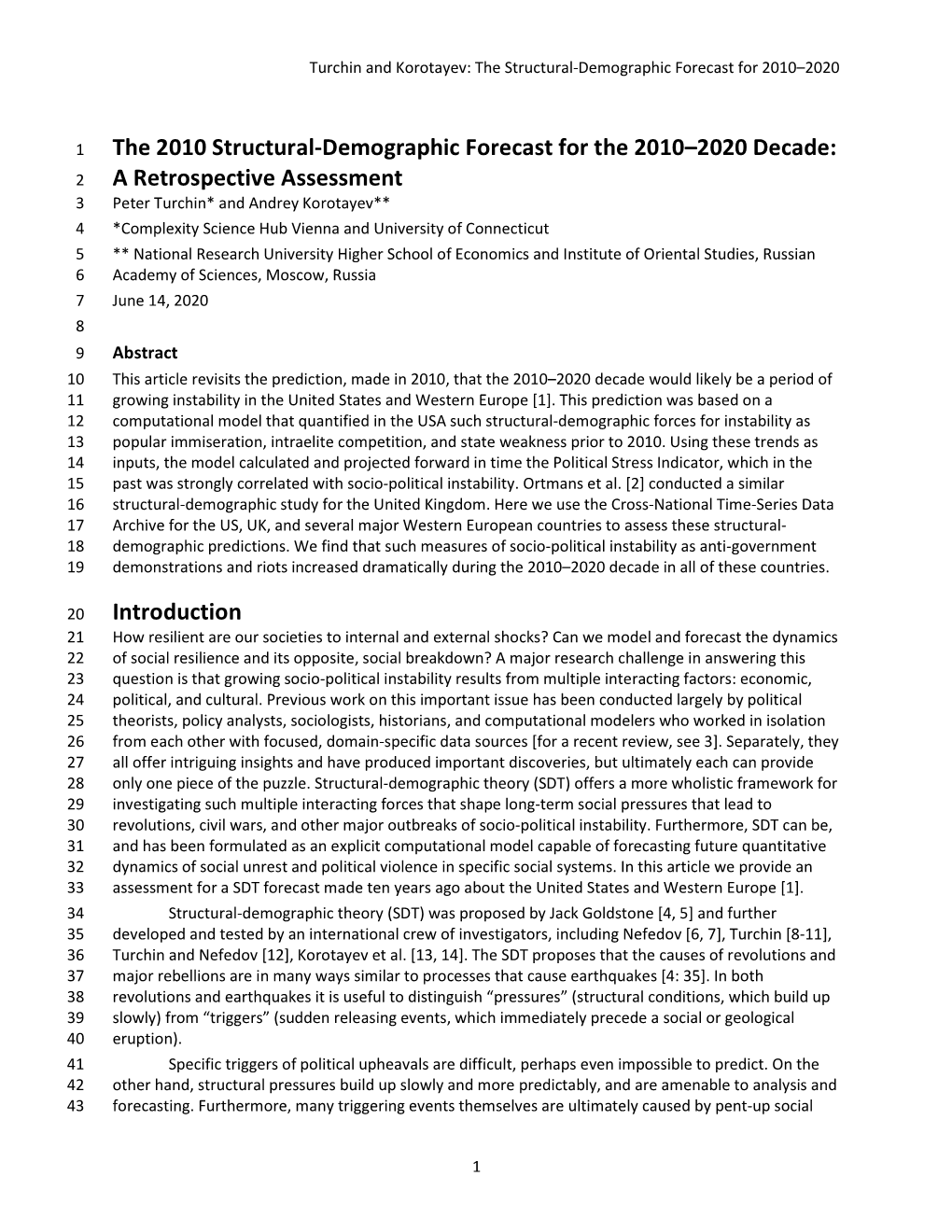 The 2010 Structural-Demographic Forecast for the 2010–2020