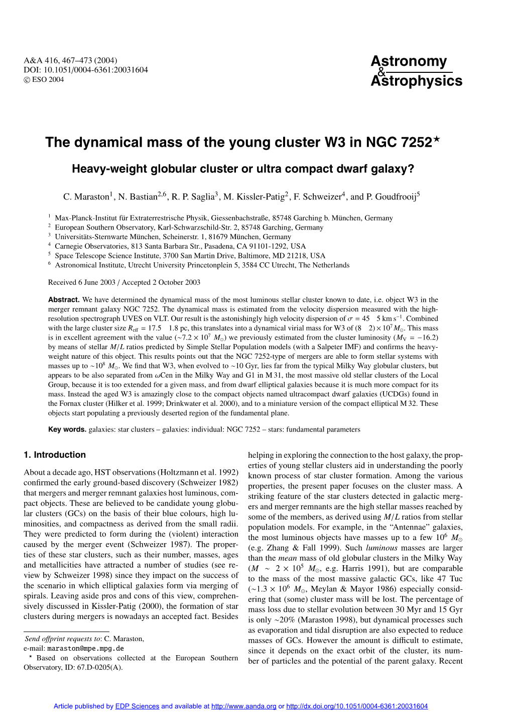 The Dynamical Mass of the Young Cluster W3 in NGC 7252