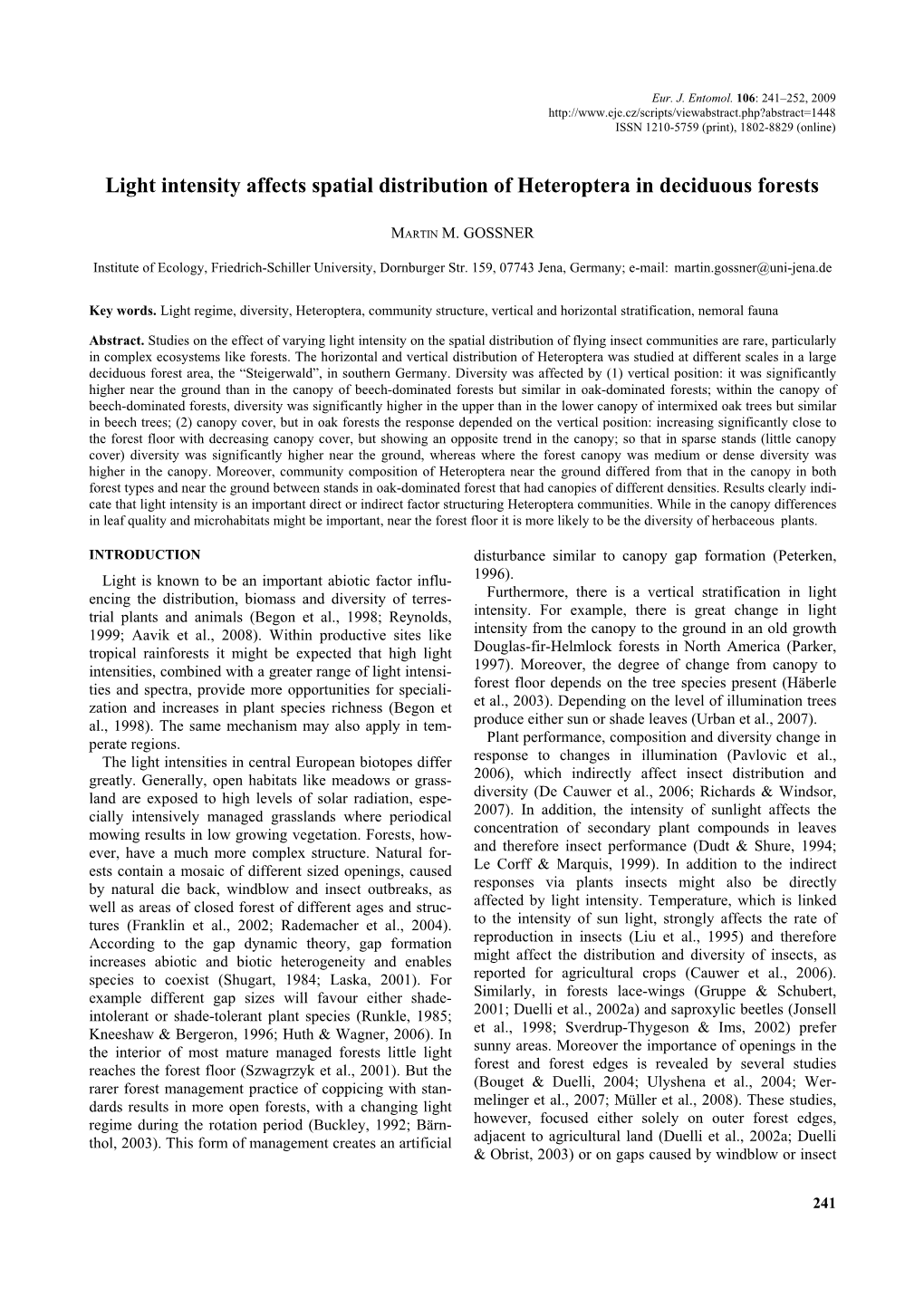 Light Intensity Affects Spatial Distribution of Heteroptera in Deciduous Forests