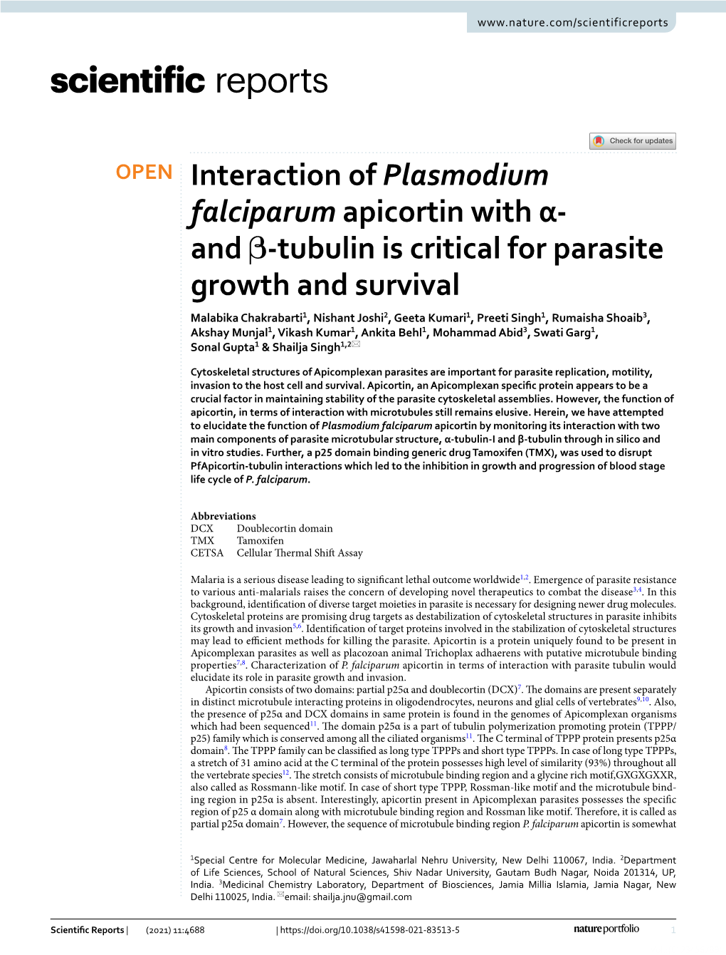 Interaction of Plasmodium Falciparum Apicortin with Α- and Β-Tubulin Is