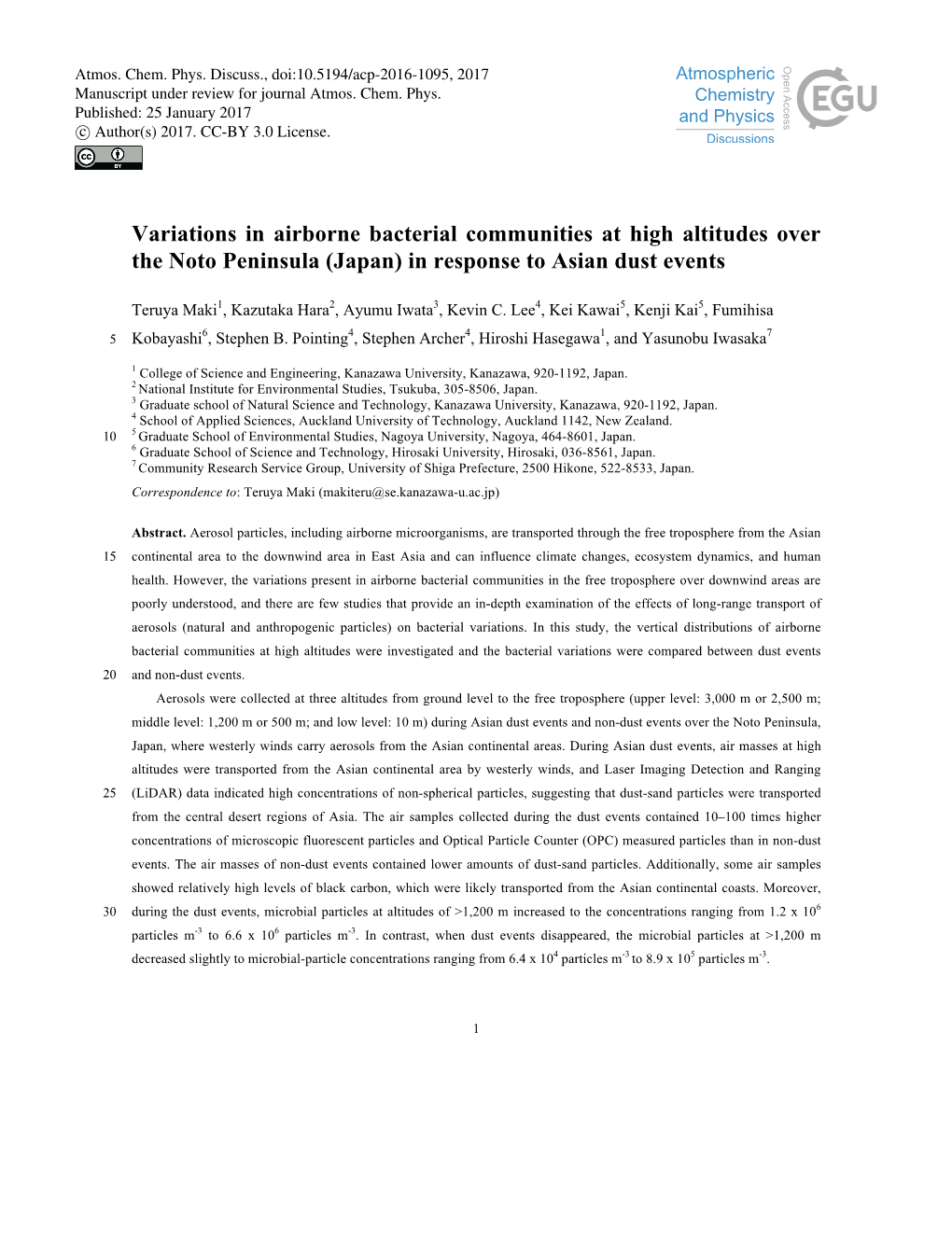 Variations in Airborne Bacterial Communities at High Altitudes Over the Noto Peninsula (Japan) in Response to Asian Dust Events