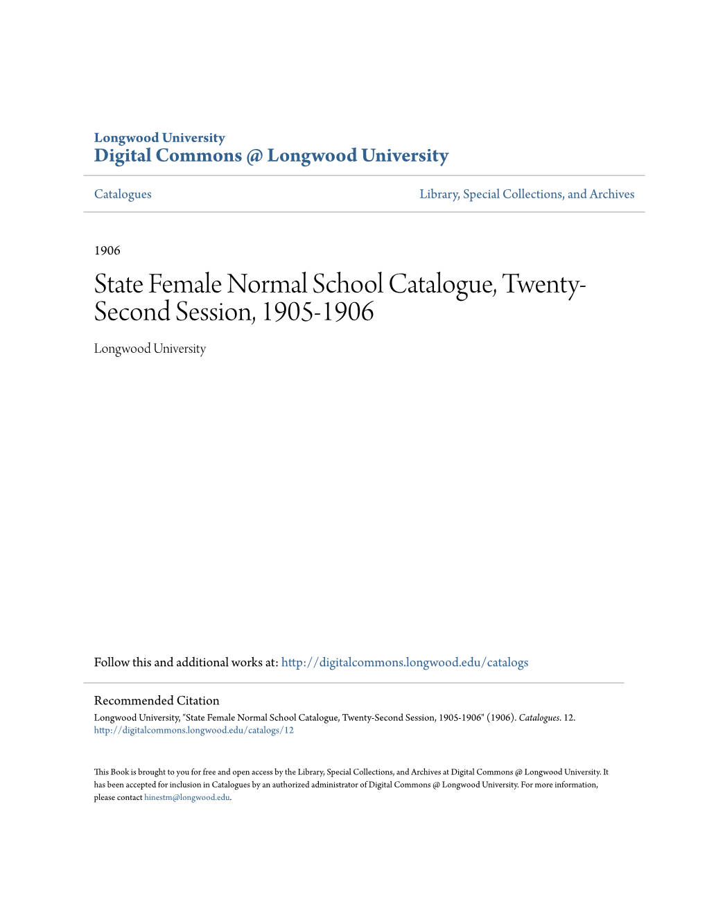 State Female Normal School Catalogue, Twenty-Second Session, 1905-1906