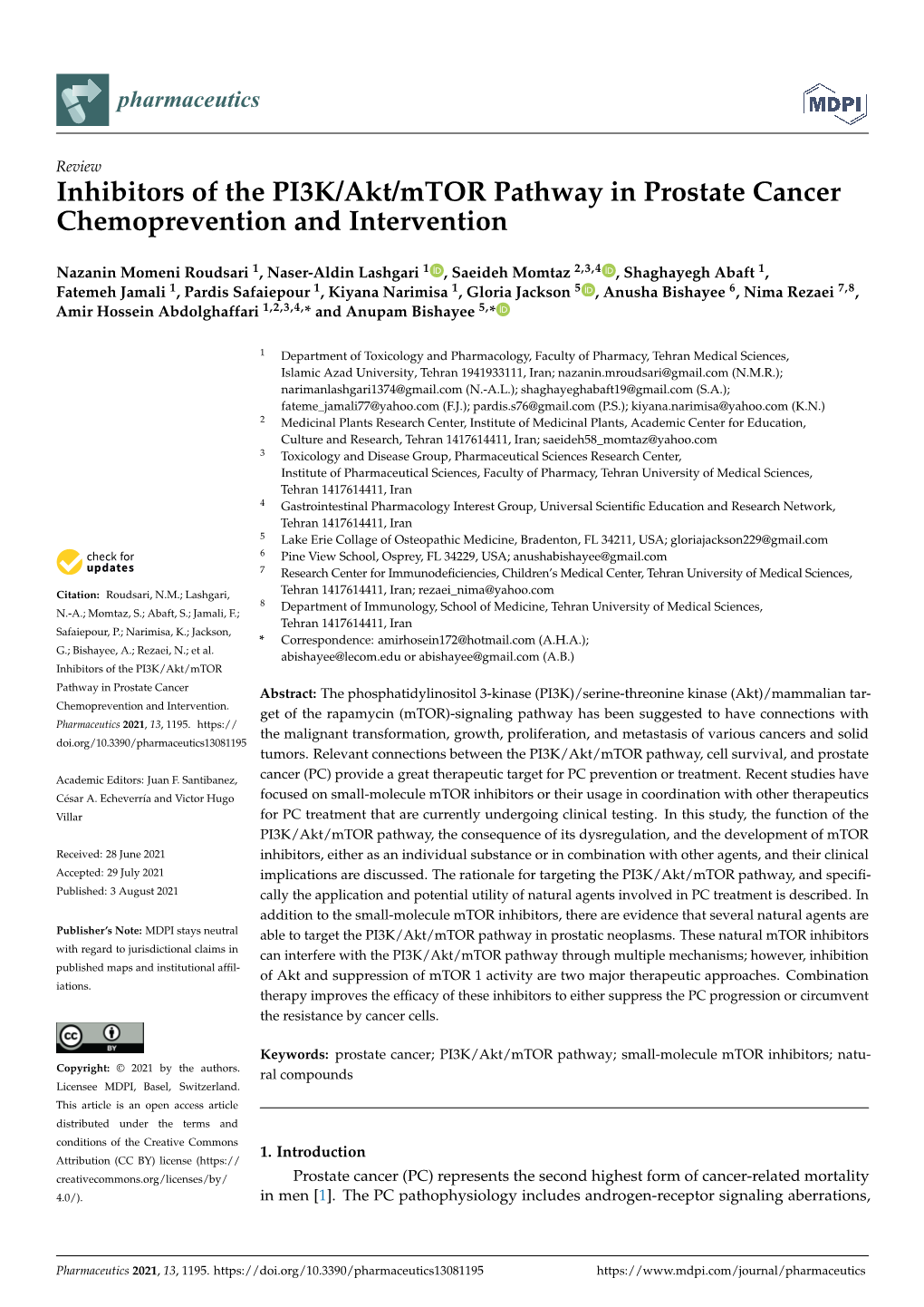 Inhibitors of the PI3K/Akt/Mtor Pathway in Prostate Cancer Chemoprevention and Intervention