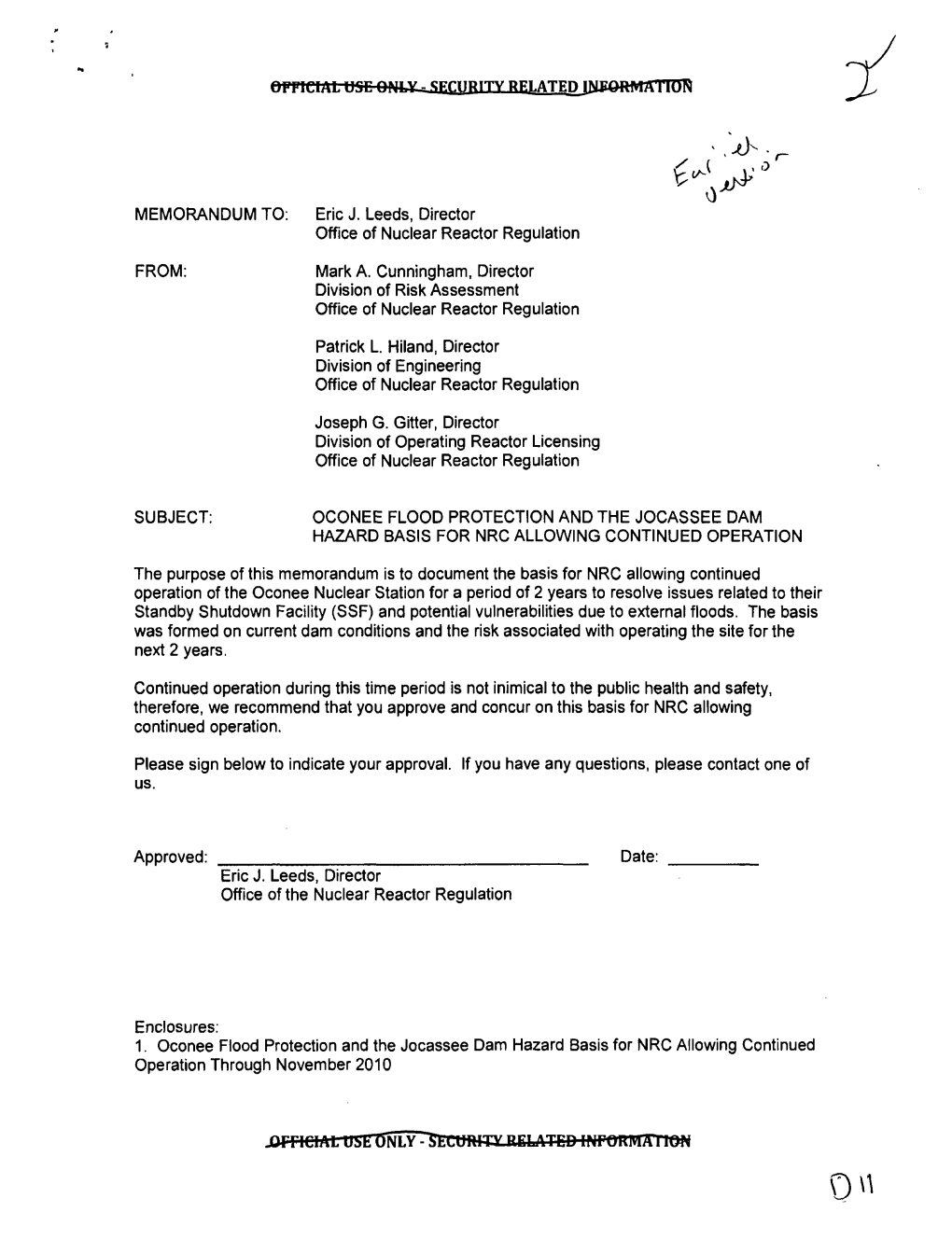 Draft Memo from M. Cunningham, NRR Et Al to E. Leeds, NRR on Oconee Flood Protection and the Jocassee Dam Hazard Basis for NRC A