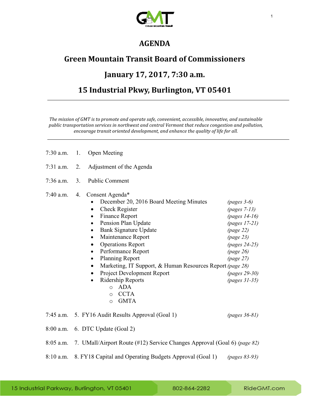 AGENDA Green Mountain Transit Board of Commissioners January 17, 2017, 7:30 A.M