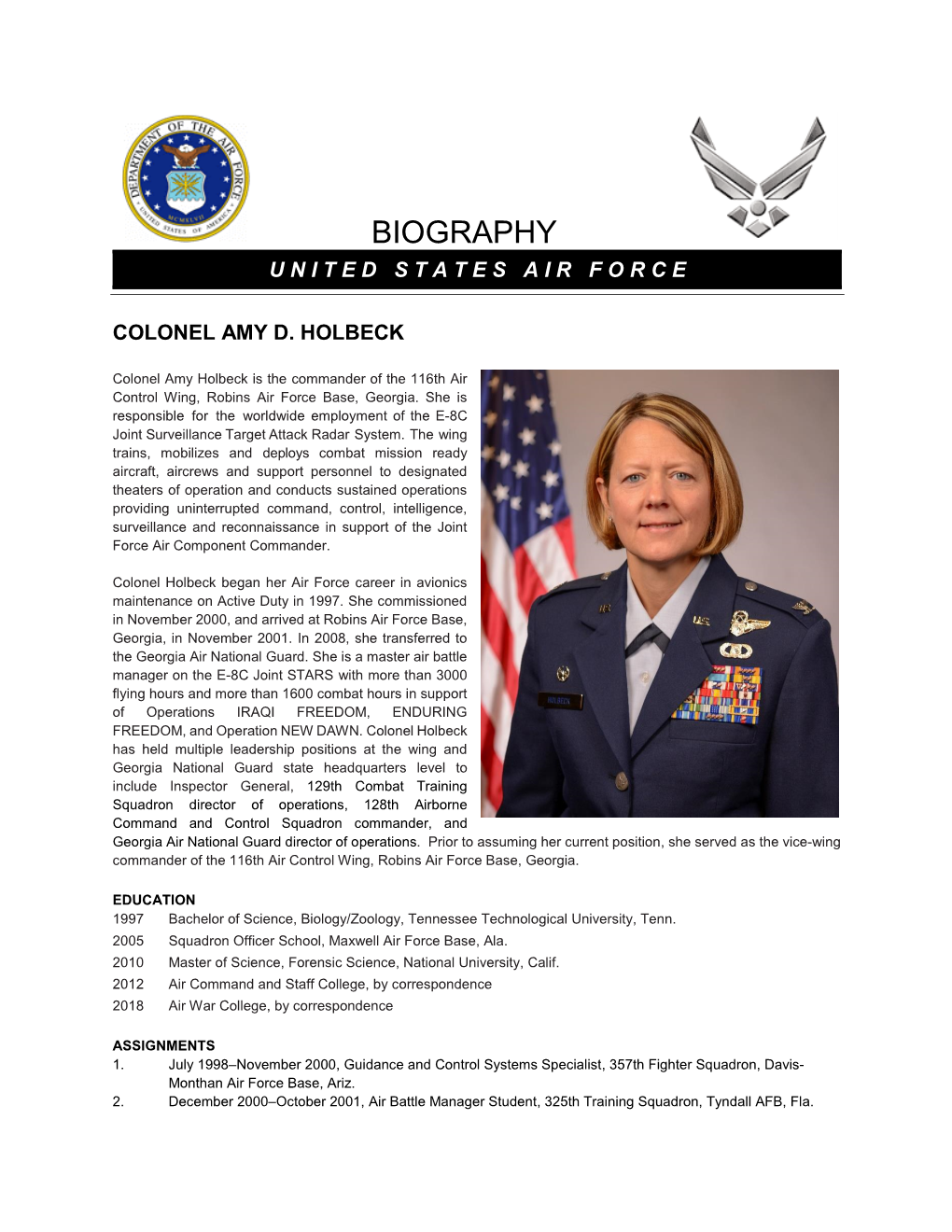 Colonel Amy Holbeck Is the Commander of the 116Th Air Control Wing, Robins Air Force Base, Georgia