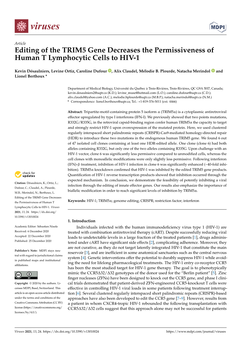 Editing of the TRIM5 Gene Decreases the Permissiveness of Human T Lymphocytic Cells to HIV-1