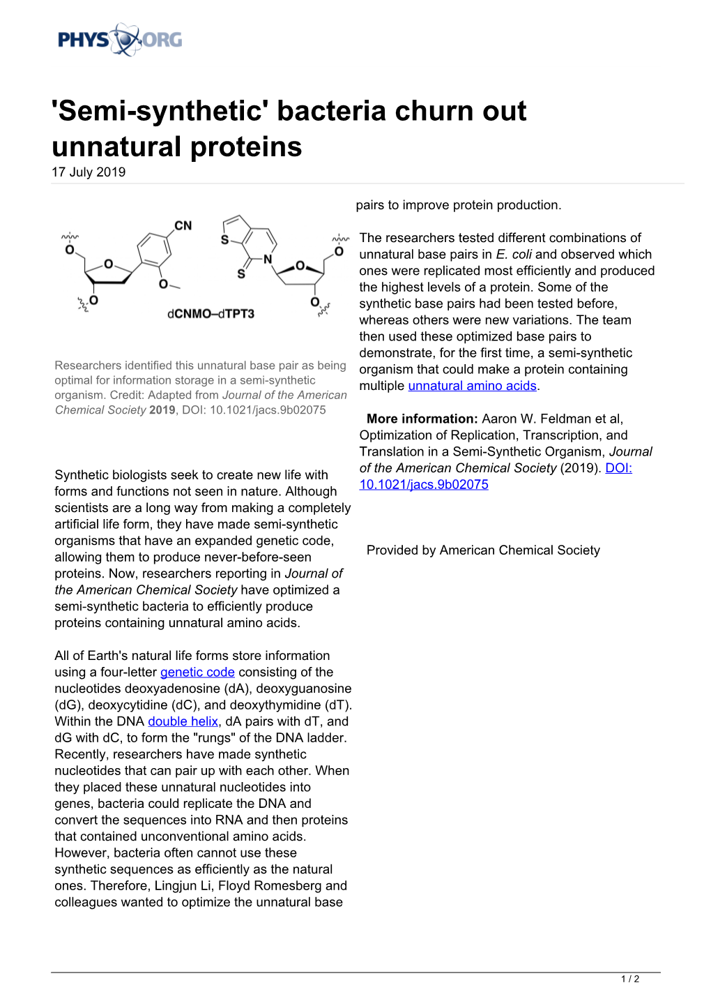 'Semi-Synthetic' Bacteria Churn out Unnatural Proteins 17 July 2019