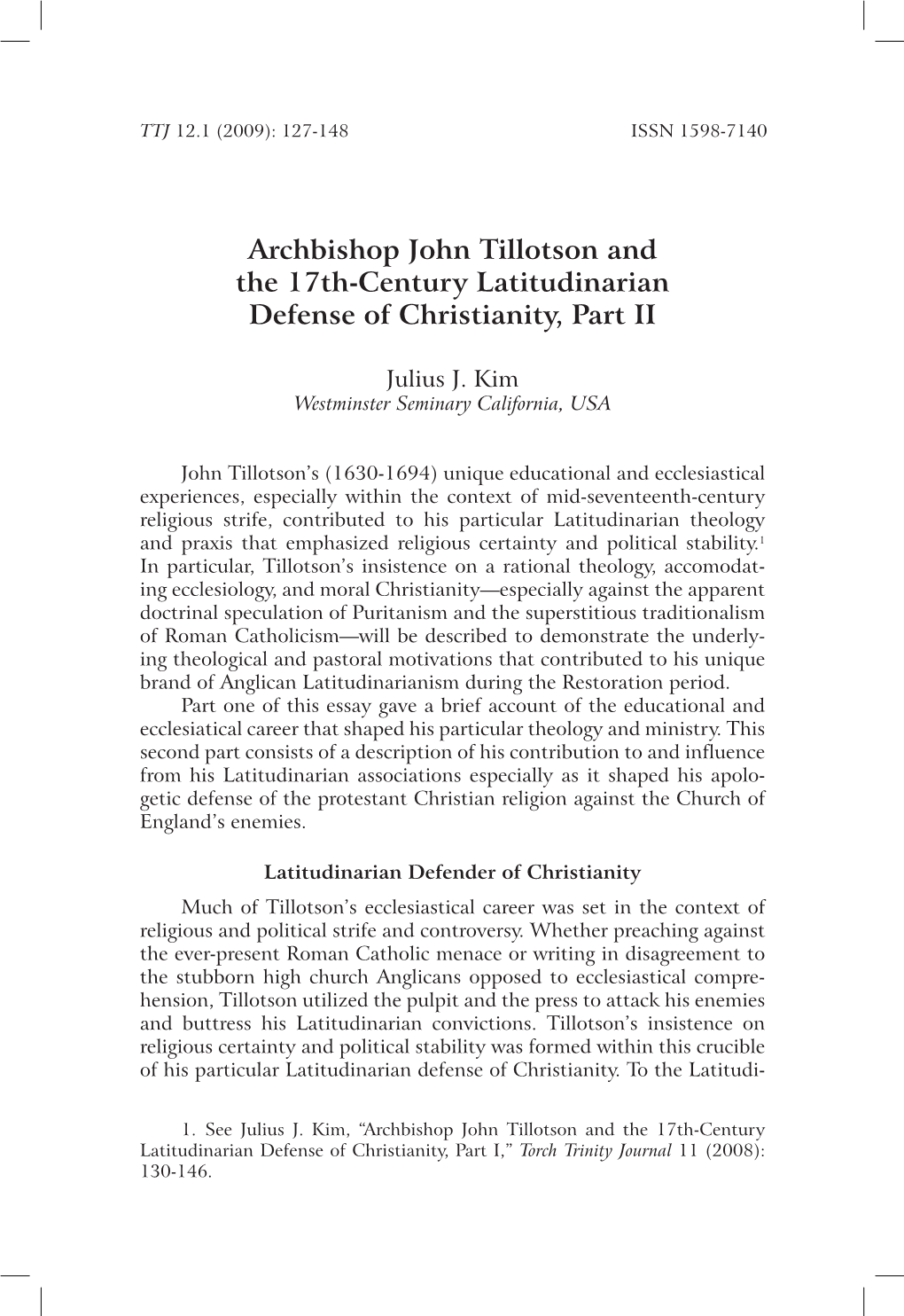 Archbishop John Tillotson and the 17Th-Century Latitudinarian Defense of Christianity, Part II