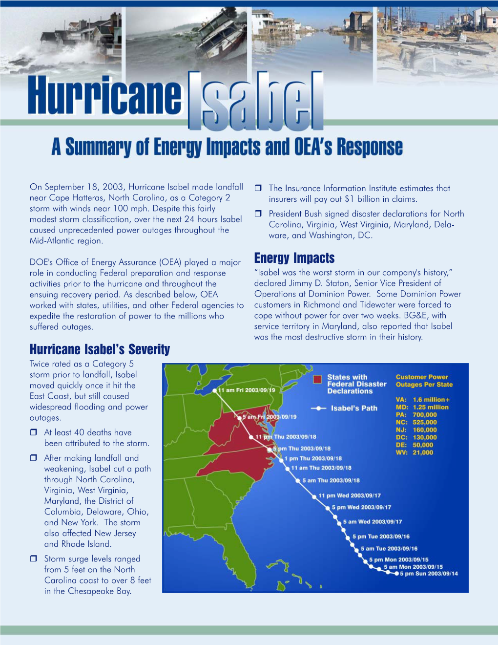 Hurricane Isabel: a Summary of Energy Impacts and OEA's Response