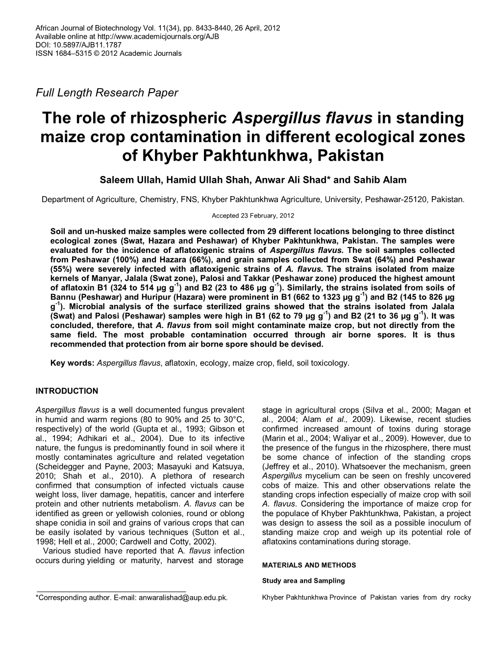 Rhizospheric Aspergillus Flavus As a Possible Contaminant of Maize