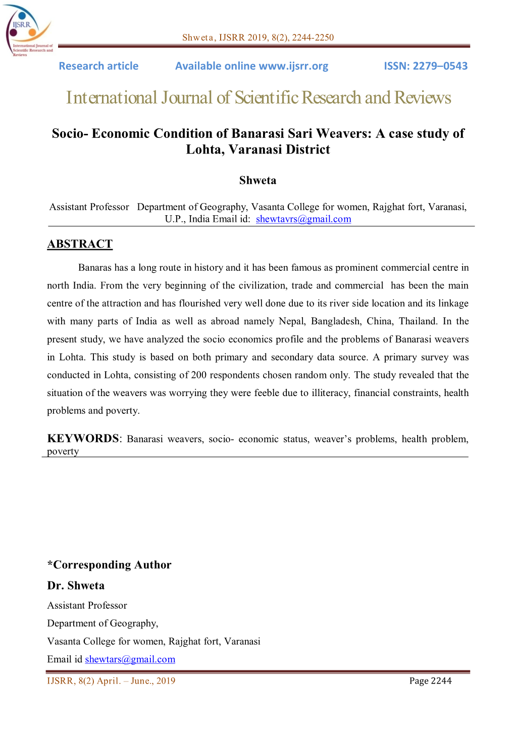 Socio- Economic Condition of Banarasi Sari Weavers: a Case Study of Lohta, Varanasi District