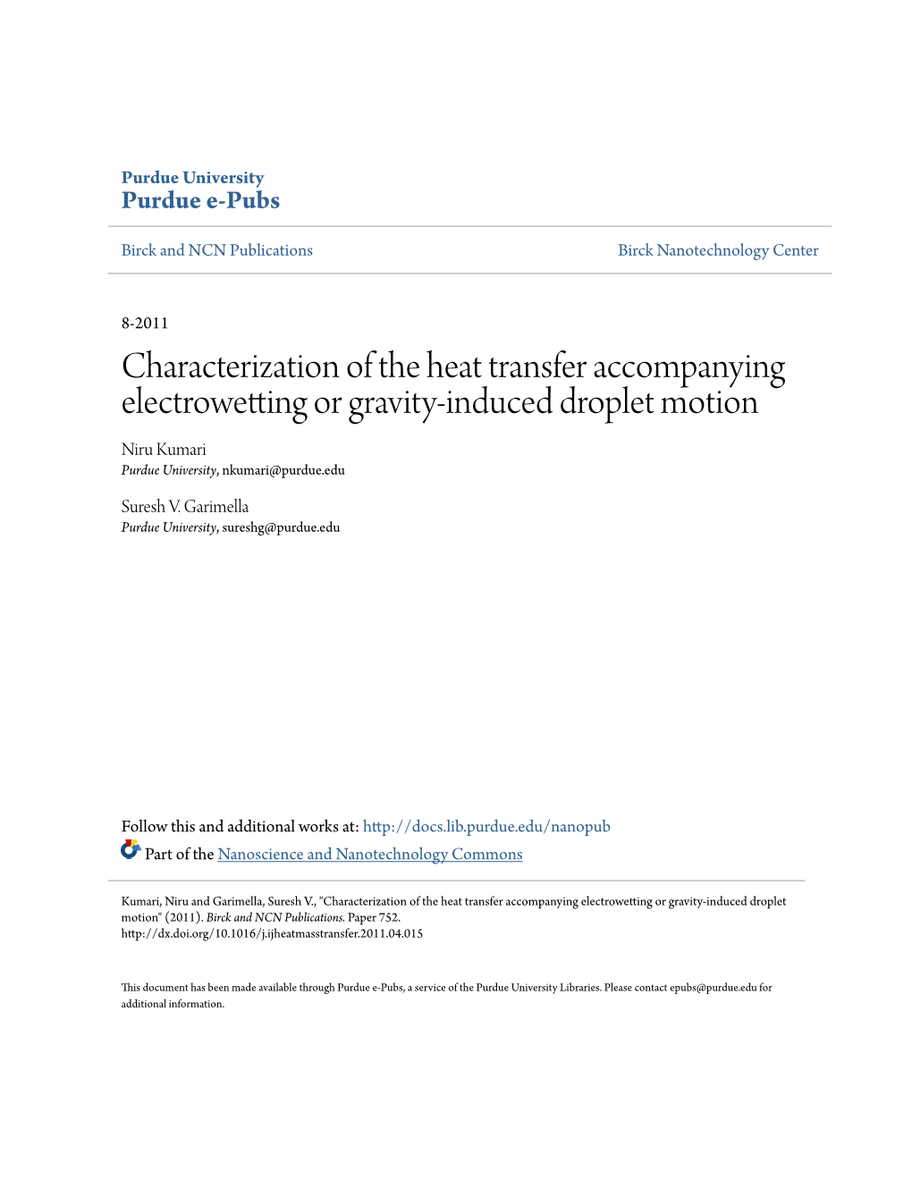 Characterization of the Heat Transfer Accompanying Electrowetting Or Gravity-Induced Droplet Motion Niru Kumari Purdue University, Nkumari@Purdue.Edu