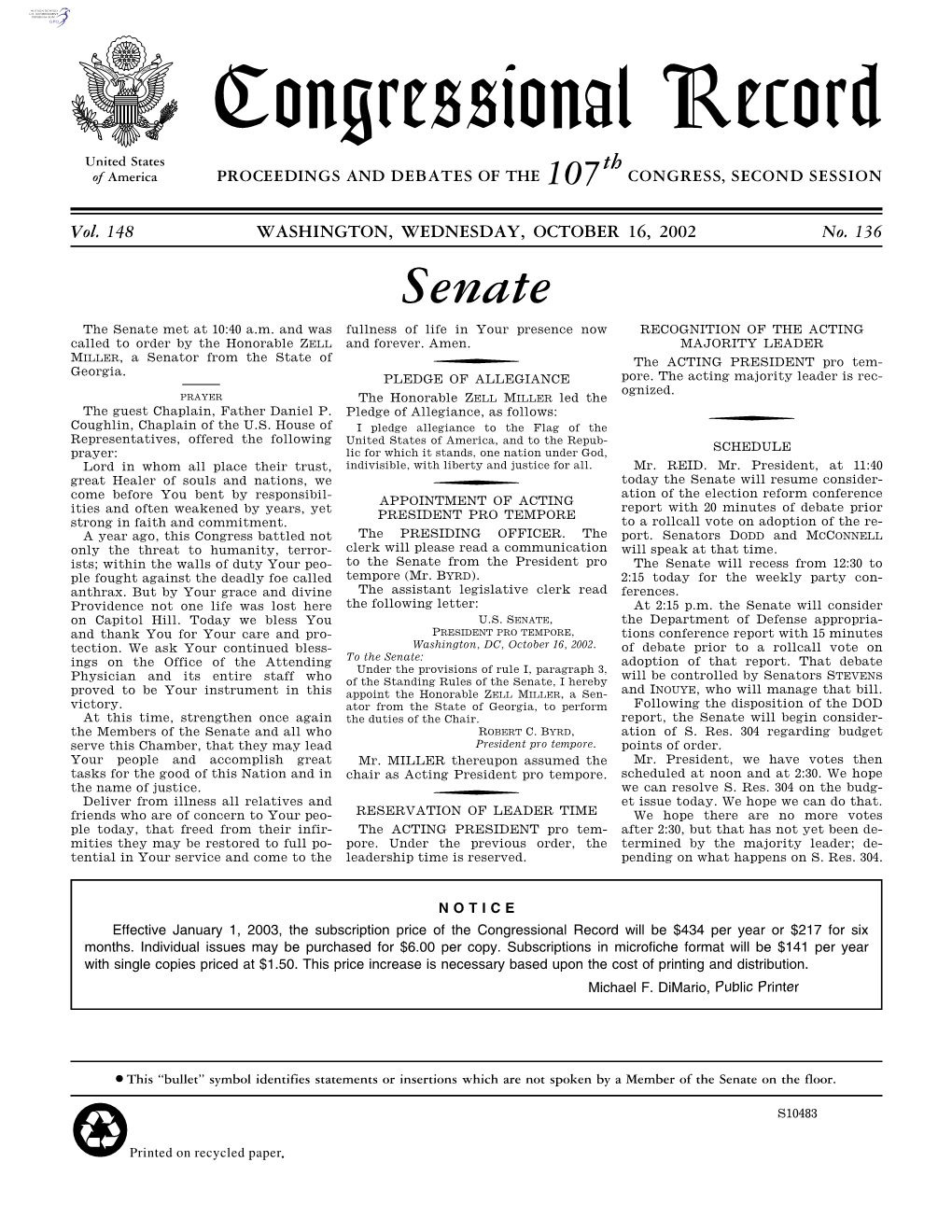 Congressional Record United States Th of America PROCEEDINGS and DEBATES of the 107 CONGRESS, SECOND SESSION