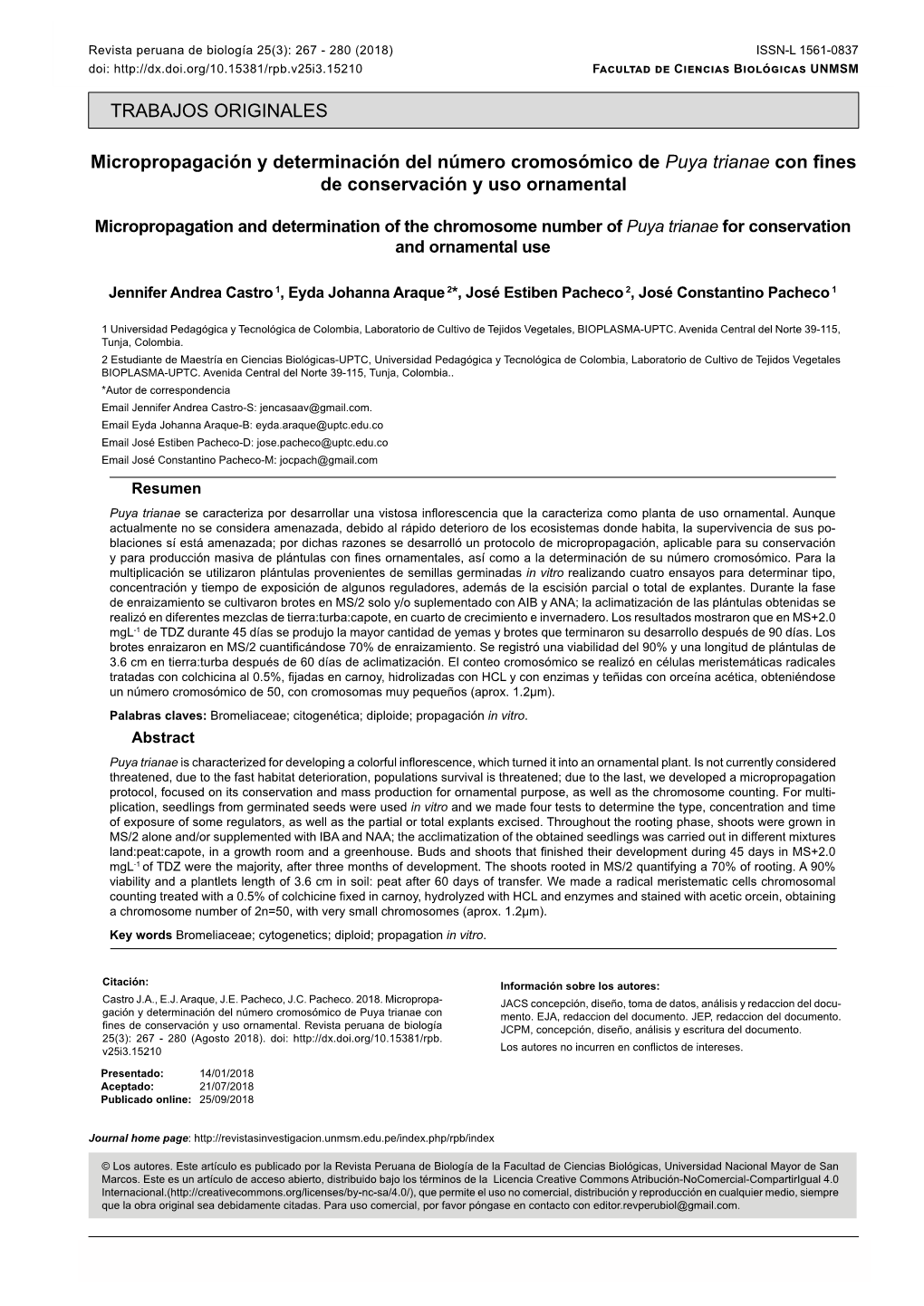 Micropropagación Y Determinación Del Número Cromosómico De Puya Trianae Con Fines De Conservación Y Uso Ornamental