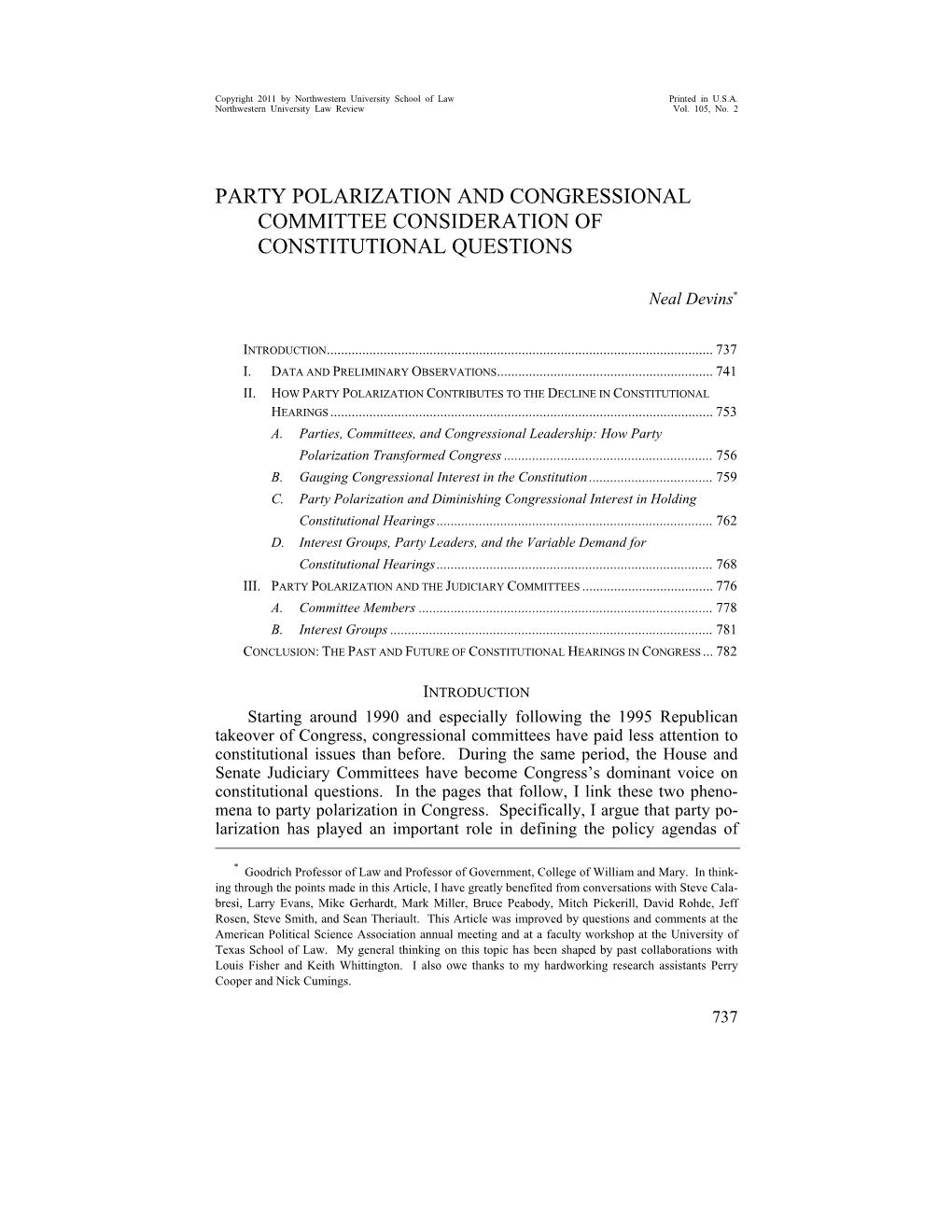 Party Polarization and Congressional Committee Consideration of Constitutional Questions