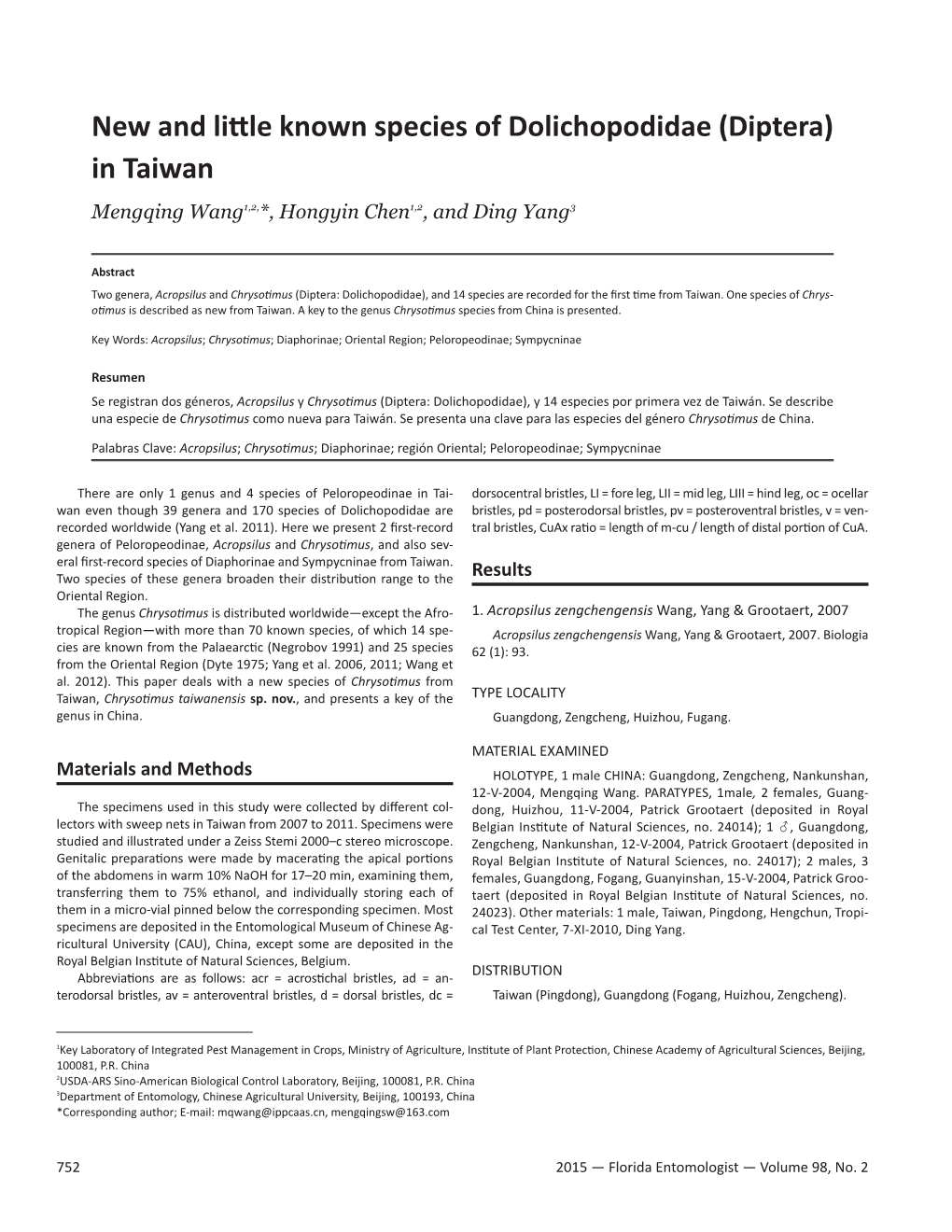 Diptera) in Taiwan Mengqing Wang1,2,*, Hongyin Chen1,2, and Ding Yang3