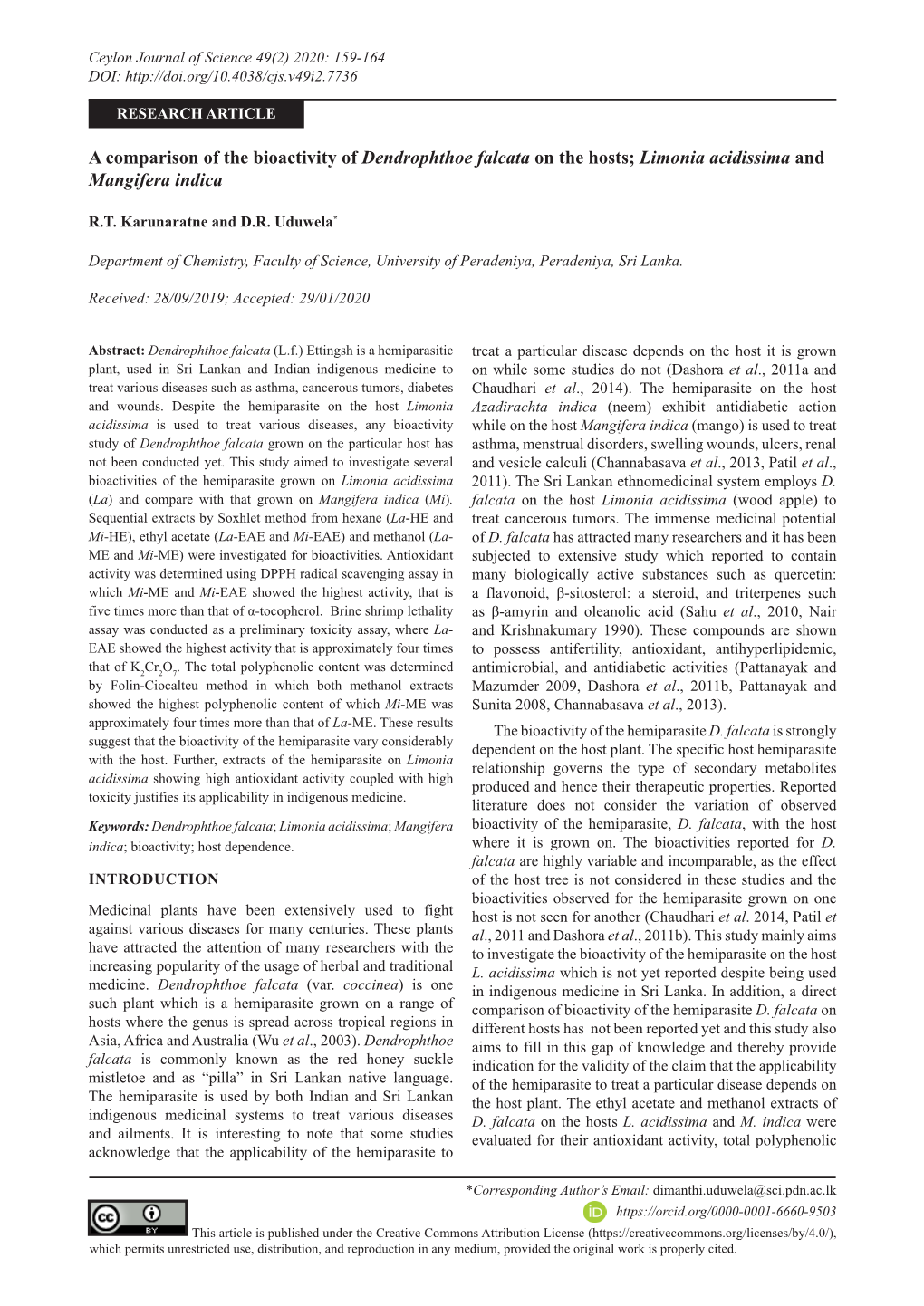 A Comparison of the Bioactivity of Dendrophthoe Falcata on the Hosts; Limonia Acidissima and Mangifera Indica