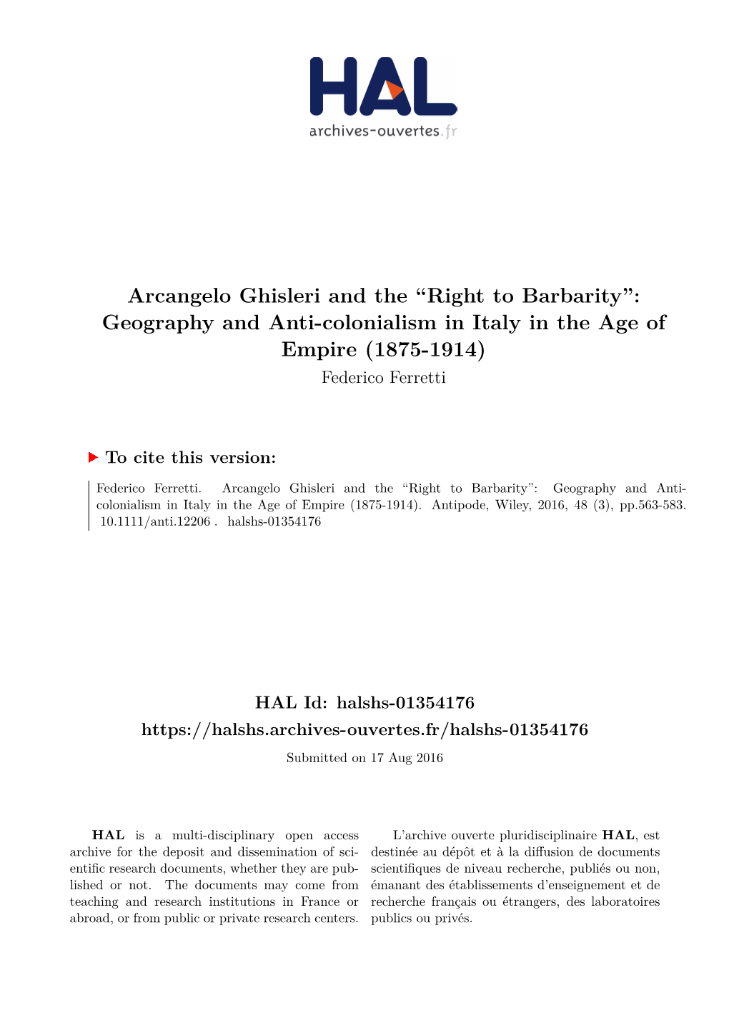 Geography and Anti-Colonialism in Italy in the Age of Empire (1875-1914) Federico Ferretti