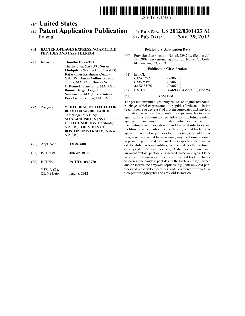 (12) Patent Application Publication (10) Pub. No.: US 2012/0301433 A1 Lu Et Al