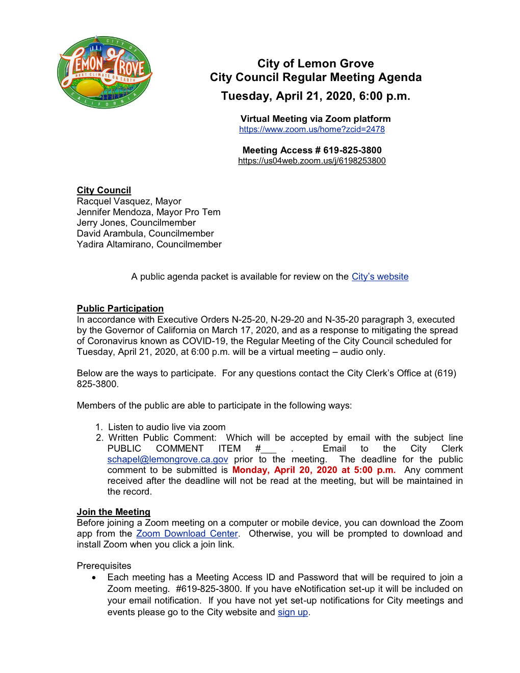 City of Lemon Grove City Council Regular Meeting Agenda Tuesday, April 21, 2020, 6:00 P.M