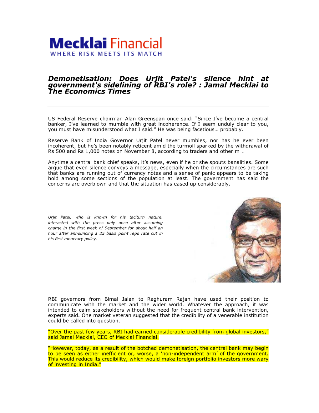 Demonetisation: Does Urjit Patel's Silence Hint at Government's Sidelining of RBI's Role? : Jamal Mecklai to the Economics Times