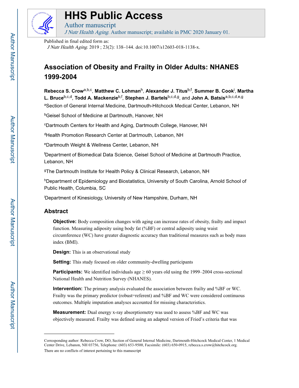 Association of Obesity and Frailty in Older Adults: NHANES 1999-2004