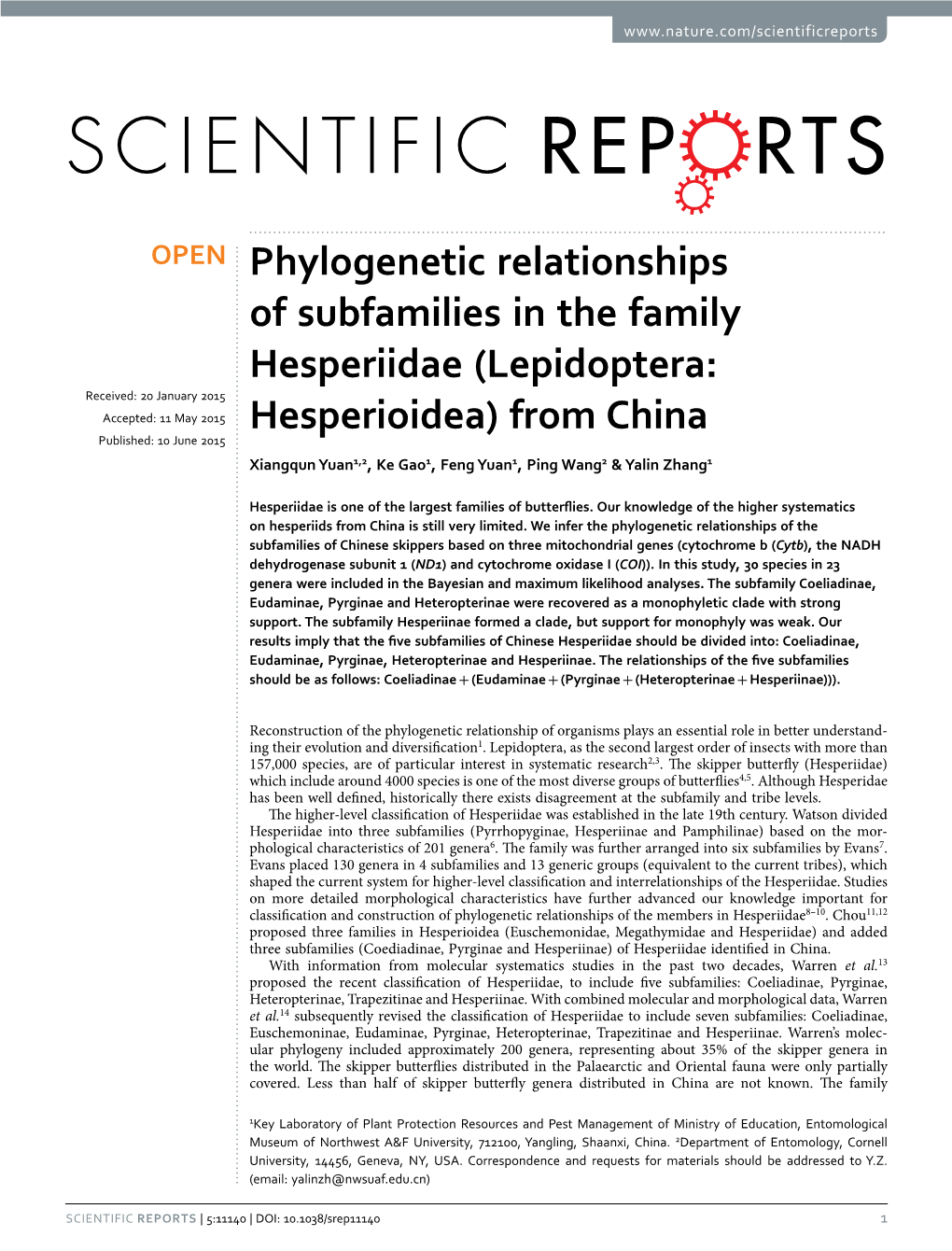 Phylogenetic Relationships of Subfamilies in the Family Hesperiidae (Lepidoptera: Hesperioidea) from China