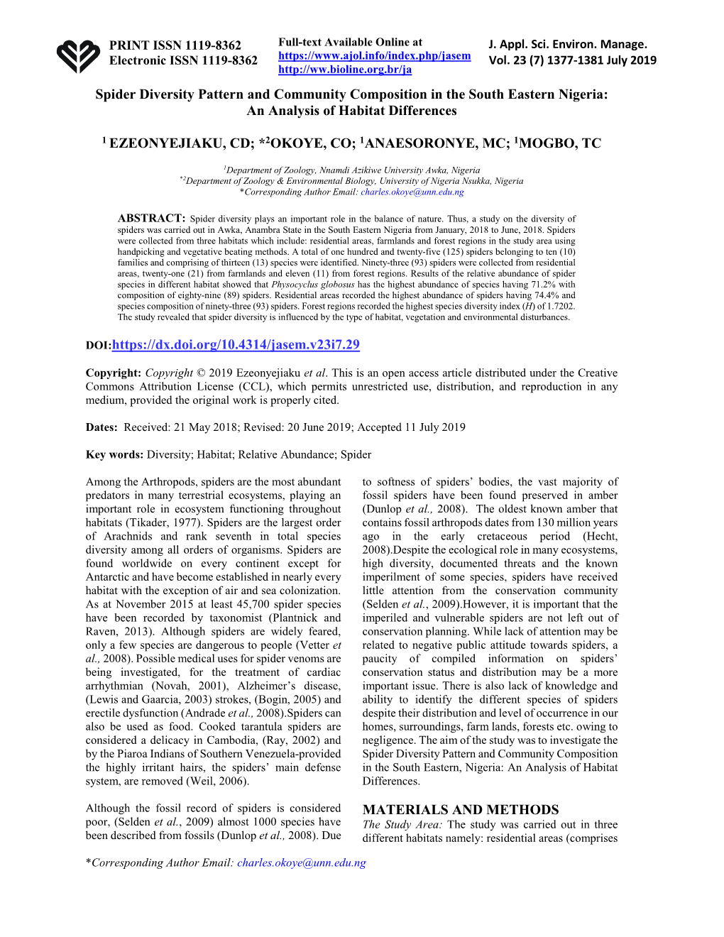 Spider Diversity Pattern and Community Composition in the South Eastern Nigeria: an Analysis of Habitat Differences