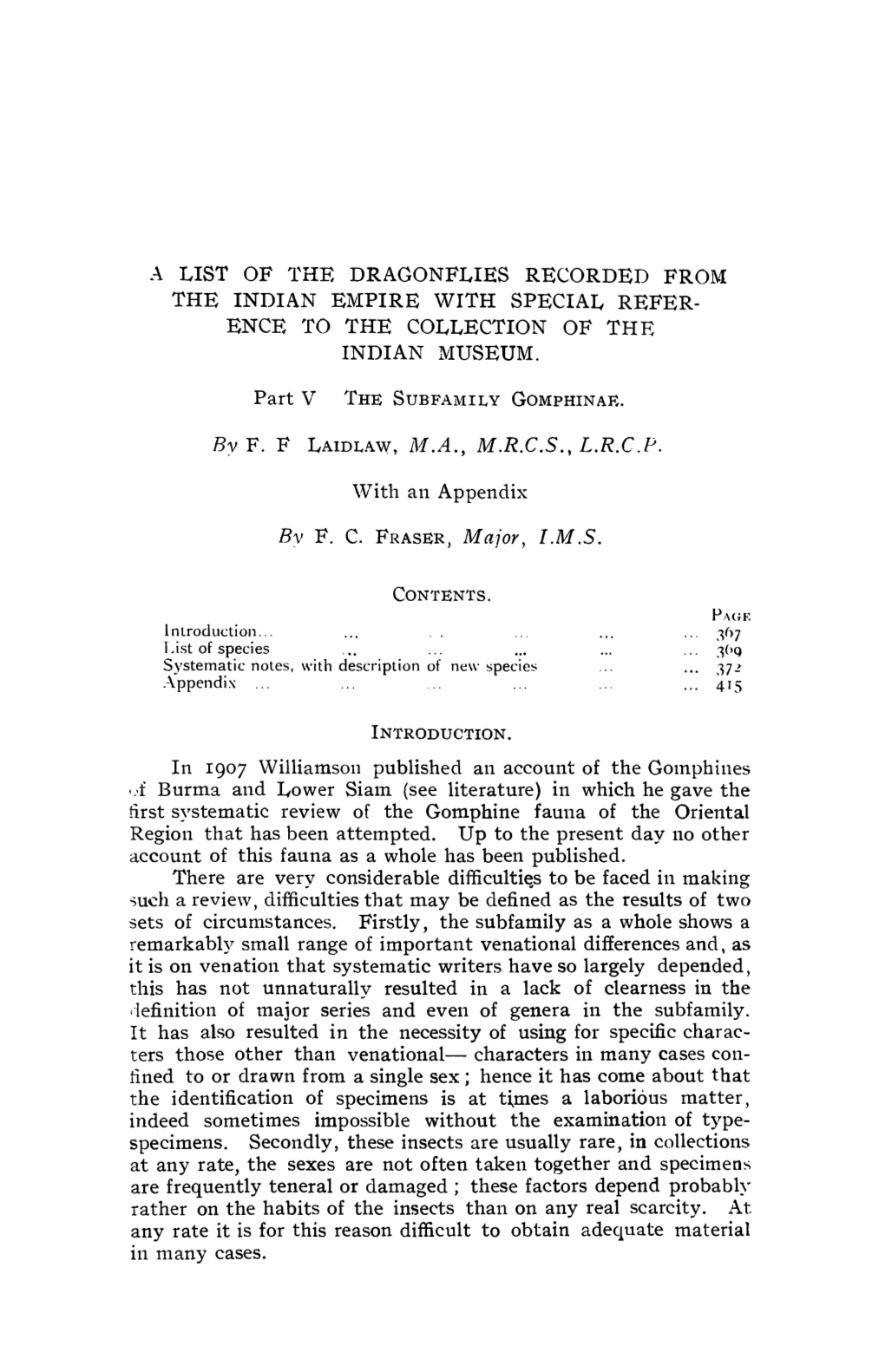 LIST of 1'HE DRAGONFLIES RECORDED Frol\.{ the INDIAN Elvipire with SPECIAL REFER­ ENCE ~Ro the COLLECTION of the INDIAN Lviuseum