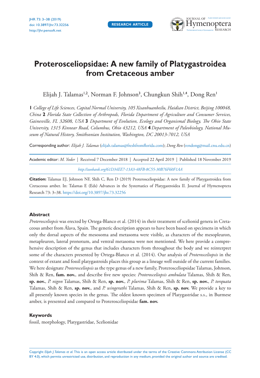 A New Family of Platygastroidea from Cretaceous Amber 3 Doi: 10.3897/Jhr.73.32256 RESEARCH ARTICLE