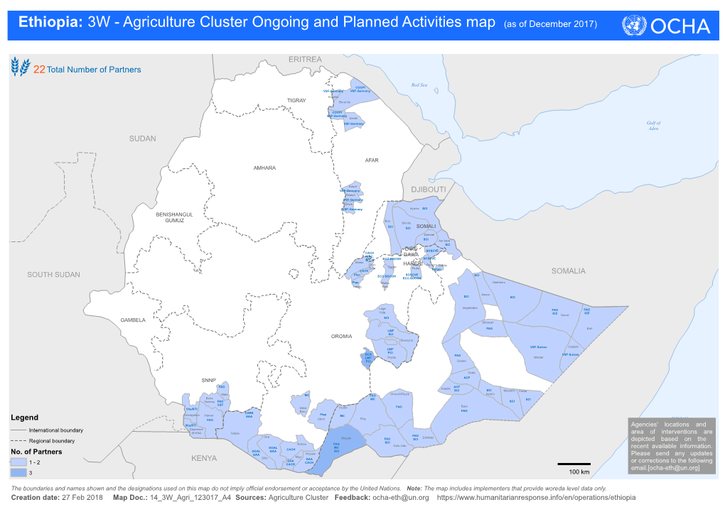 Ethiopia: 3W - Agriculture Cluster Ongoing and Planned Activities Map (As of December 2017)