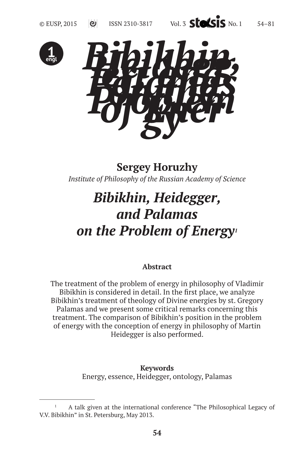 Bibikhin, Heidegger, and Palamas on the Problem of Energy1