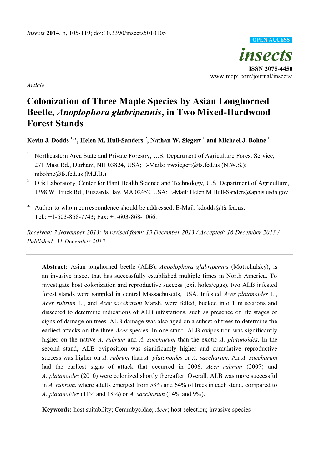 Colonization of Three Maple Species by Asian Longhorned Beetle, Anoplophora Glabripennis, in Two Mixed-Hardwood Forest Stands