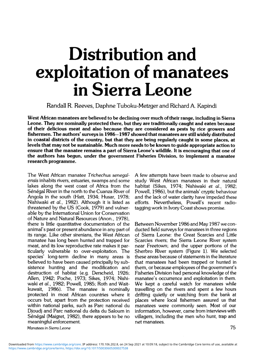 Distribution and Exploitation of Manatees in Sierra Leone Randall R