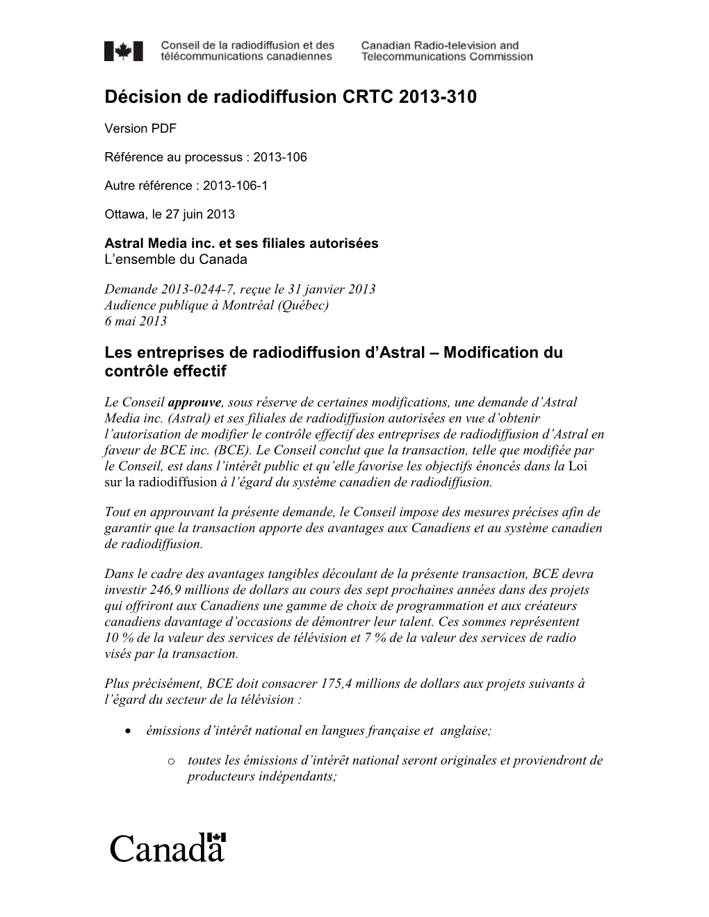 Décision De Radiodiffusion CRTC 2013-310