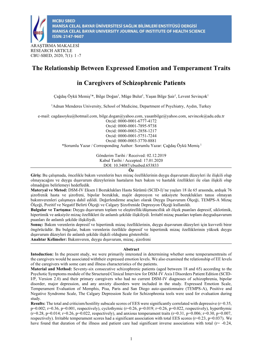 The Relationship Between Expressed Emotion and Temperament Traits In
