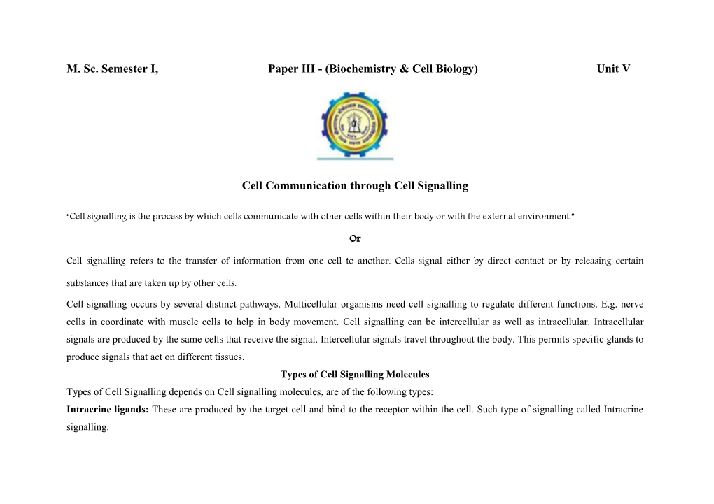 M. Sc. Semester I, Paper III - (Biochemistry & Cell Biology) Unit V