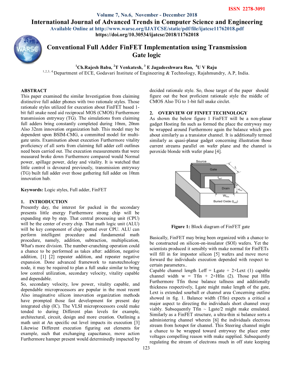 Conventional Full Adder Finfet Implementation Using Transmission Gate Logic