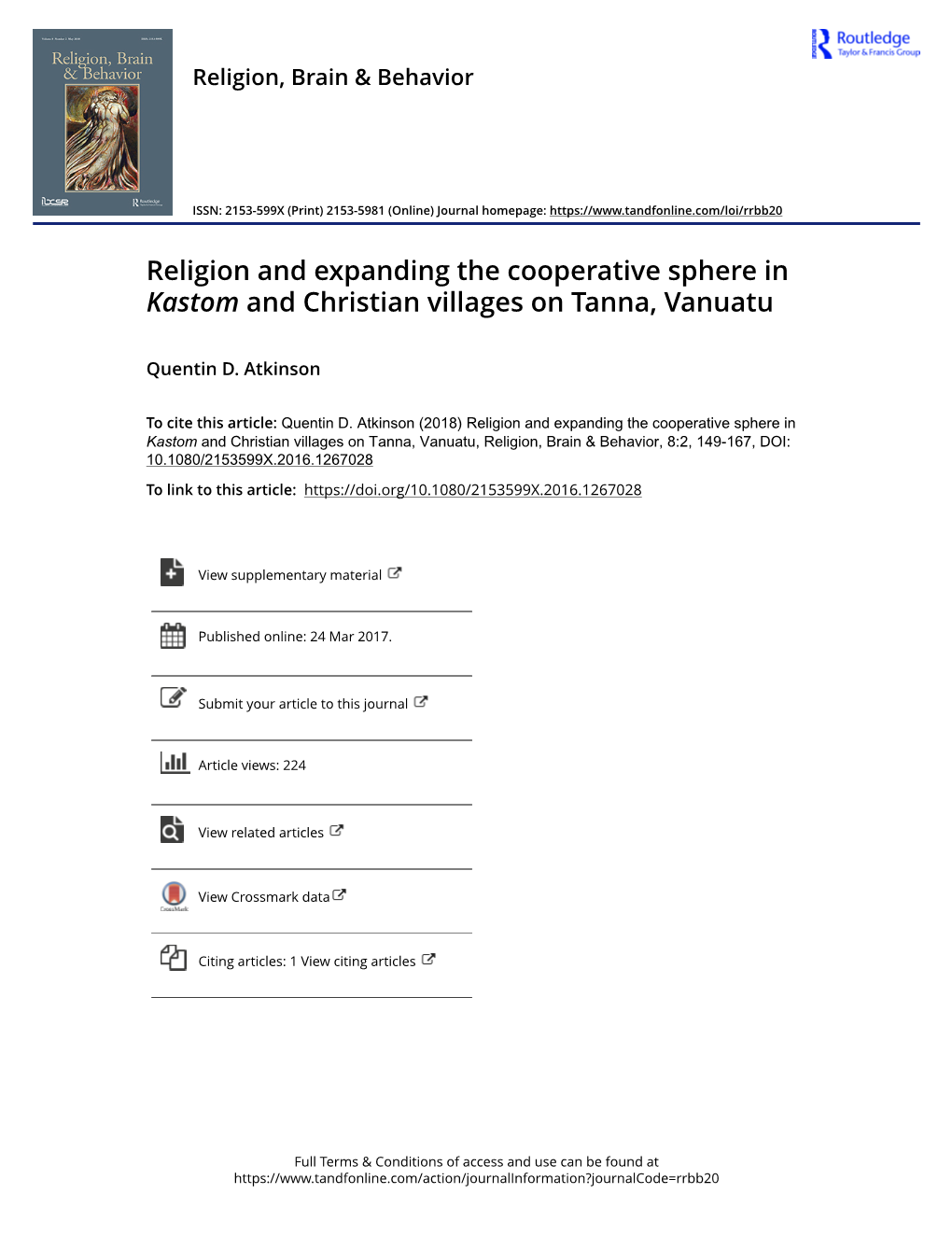 Religion and Expanding the Cooperative Sphere in Kastom and Christian Villages on Tanna, Vanuatu