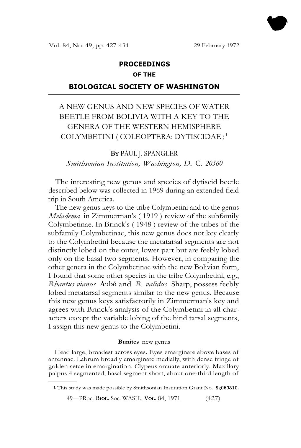 A New Genus and New Species of Water Beetle from Bolivia with a Key to the Genera of the Western Hemisphere Colymbetini ( Coleoptera: Dytiscidae )1