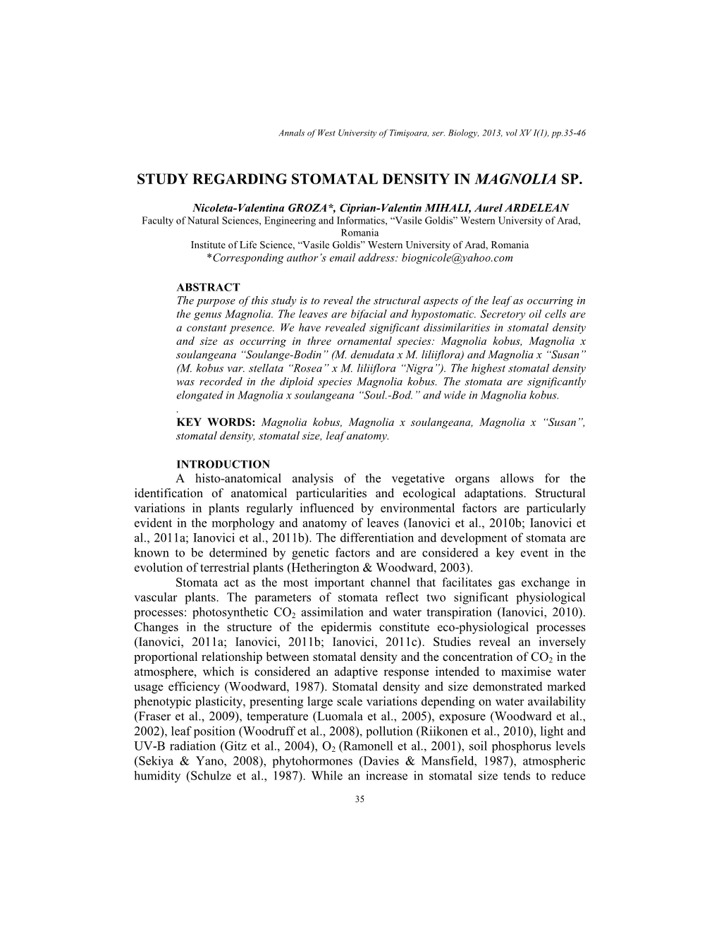 Study Regarding Stomatal Density in Magnolia Sp